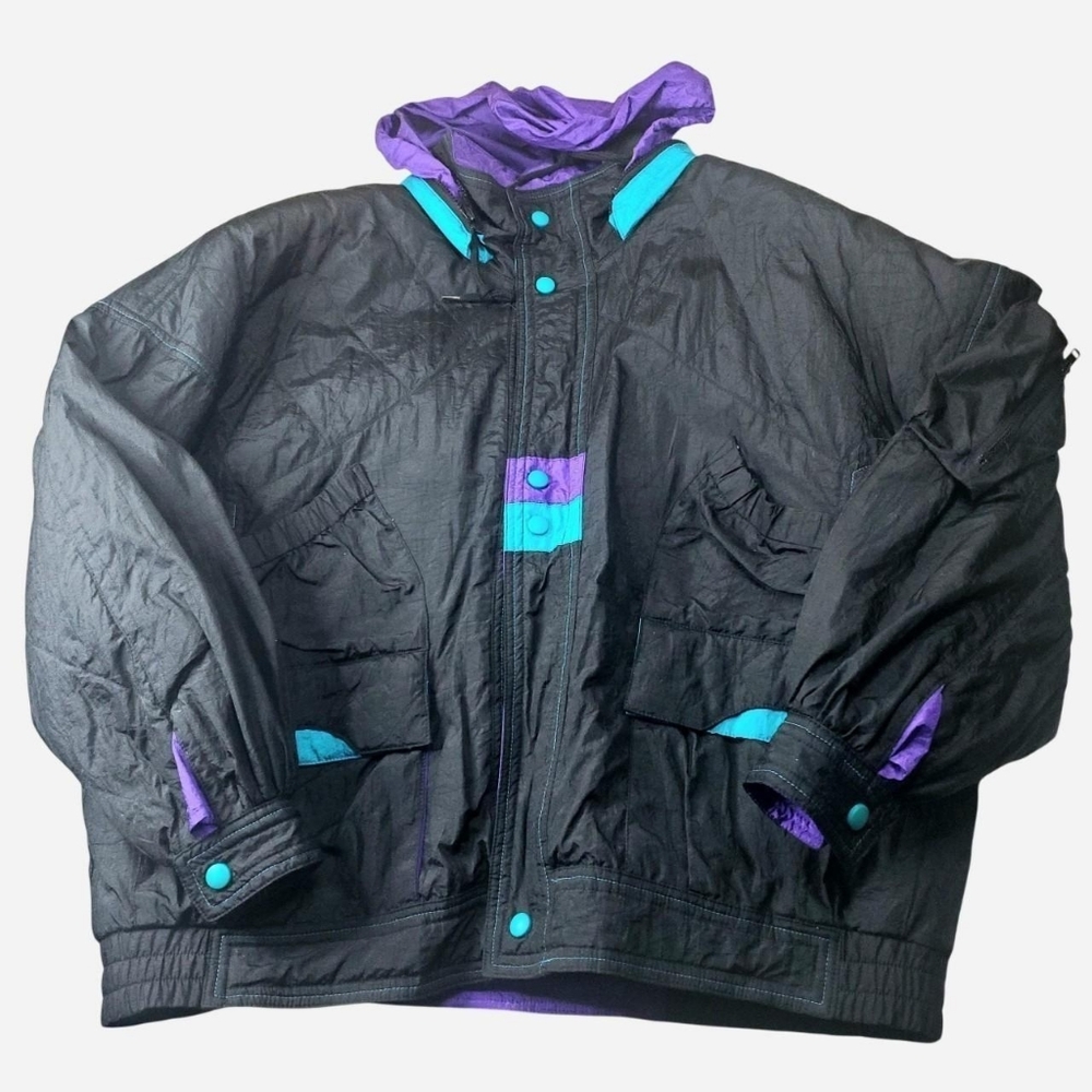 Vintage Ski Puffer 90s Jacket Mixed Blues Large Men Black Hooded
